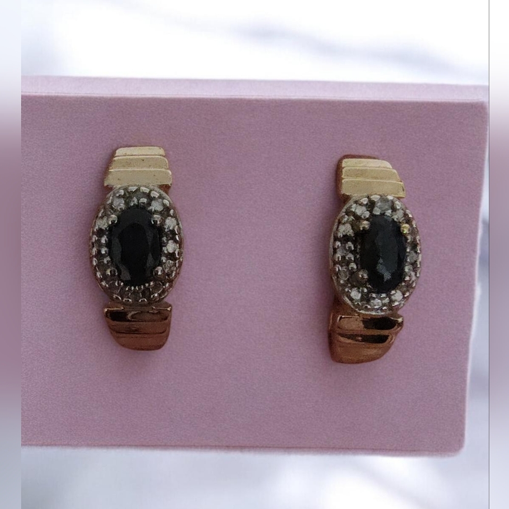 925 Gold Vermeil Blue Sapphire & Diamond Accents Half Hoop Earrings | Marked DL